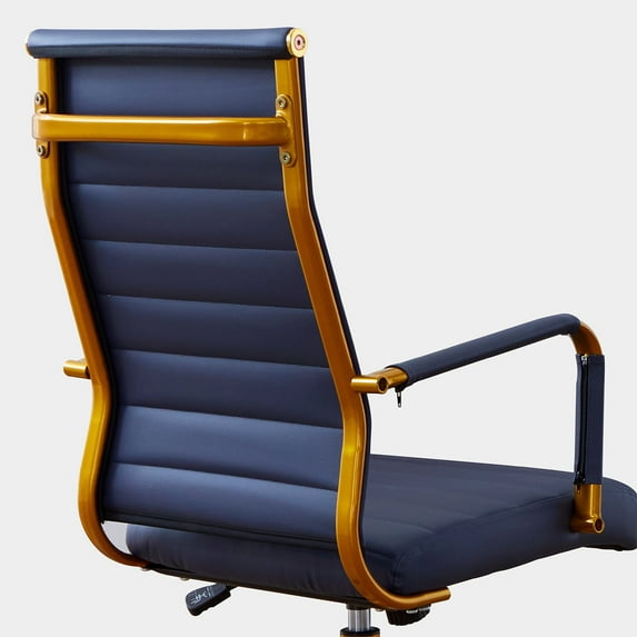 Livinia High Back Gold Executive Swivel Office Desk Chair with Ribbed Leather Back (Navy)