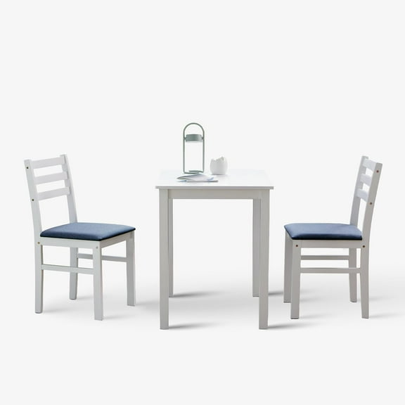 Livinia Seattle 3-Piece Wooden Dining Table Set for 2, Modern Farmhouse Kitchen Dining Room Set with Solid Wood Ladder Back Chairs for Small Space (White)