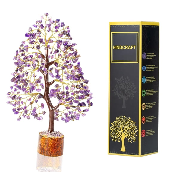 Livinwise Amethyst Crystal Tree | Feng Shui Good Luck Tree for Home & Office Decor | Artificial Tree for Living Room, Hall & Table Decoration | Unique Gift for Men & Women (Golden Wire)