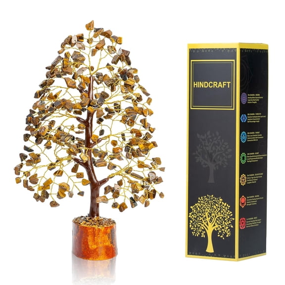 Livinwise Crystal Tree - Showpiece for Home Decor - Feng Shui Seven Chakra Tree - Home Decorations - 7 Chakra Tree - Marriage Gift Items - Antique Home Decor - 10-12 Inch (Tiger Eye (Golden Wire))