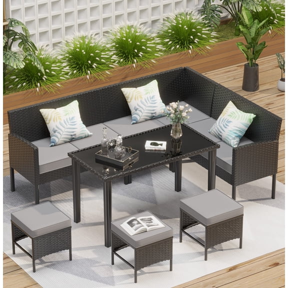 Livipatio 7-Piece Outdoor Patio Furniture Set - Sectional Sofa, Dining Table & Chairs Included, All-Weather Dining Set with Ottoman, Brown Rattan,Khaki