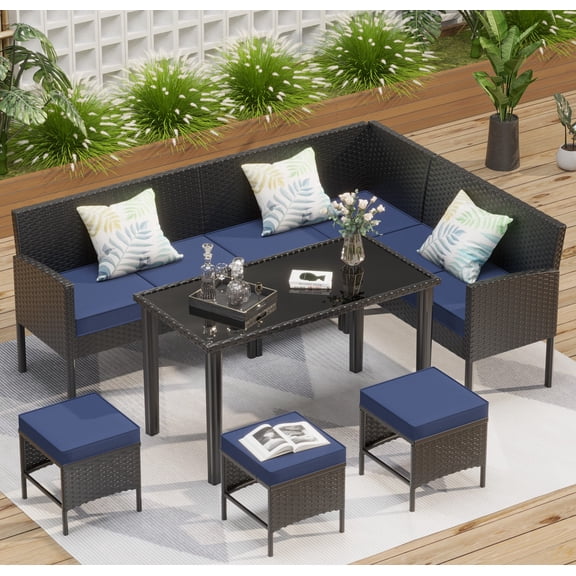 Livipatio 7-Piece Outdoor Patio Furniture Set - Sectional Sofa, Dining Table & Chairs Included, All-Weather Dining Set with Ottoman, Brown Rattan,Khaki