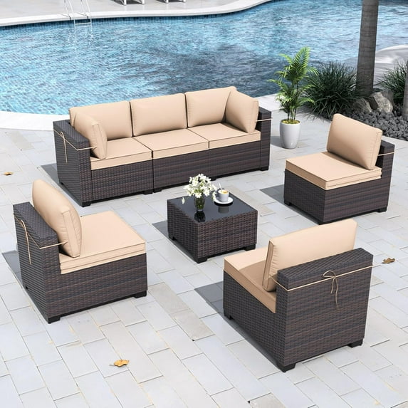 Livipatio Patio Furniture Set, 7 Pieces Outdoor Conversation Set with Rattan Sectional Sofa, Coffee Table for Garden Backyard, Beige