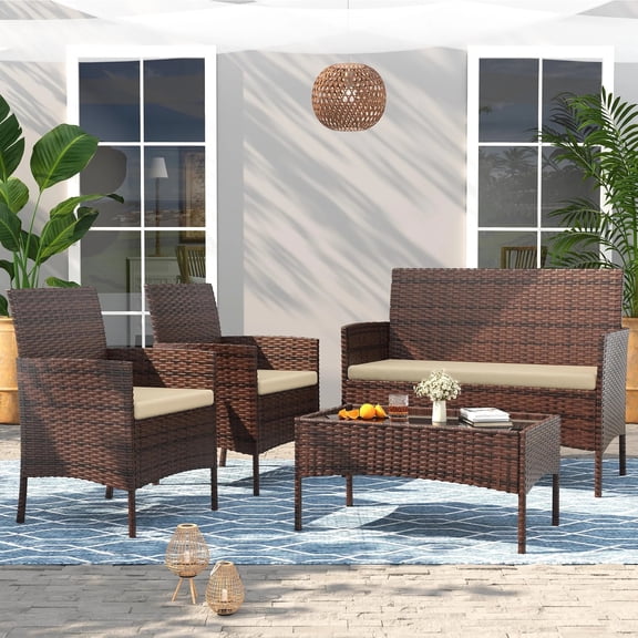Livitopia 4PCS Patio Rattan Conversation Furniture Set Outdoor Brown/Beige Cushion