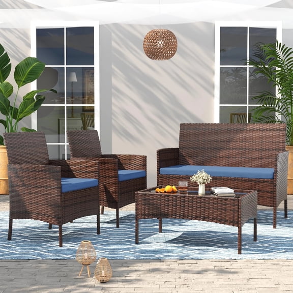 Livitopia 4PCS Patio Rattan Conversation Furniture Set Outdoor Brown/Blue Cushion
