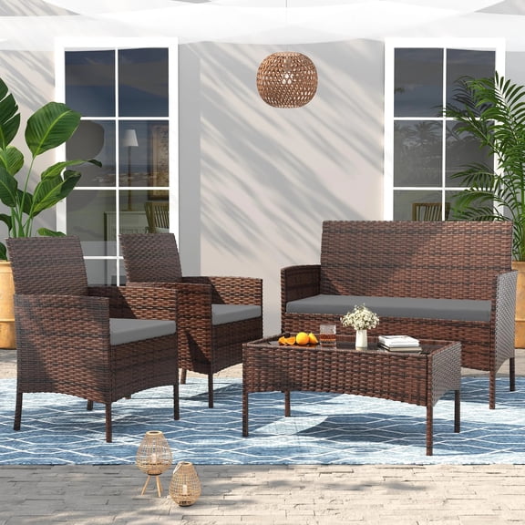 Livitopia 4PCS Patio Rattan Conversation Furniture Set Outdoor Brown/Gray Cushion