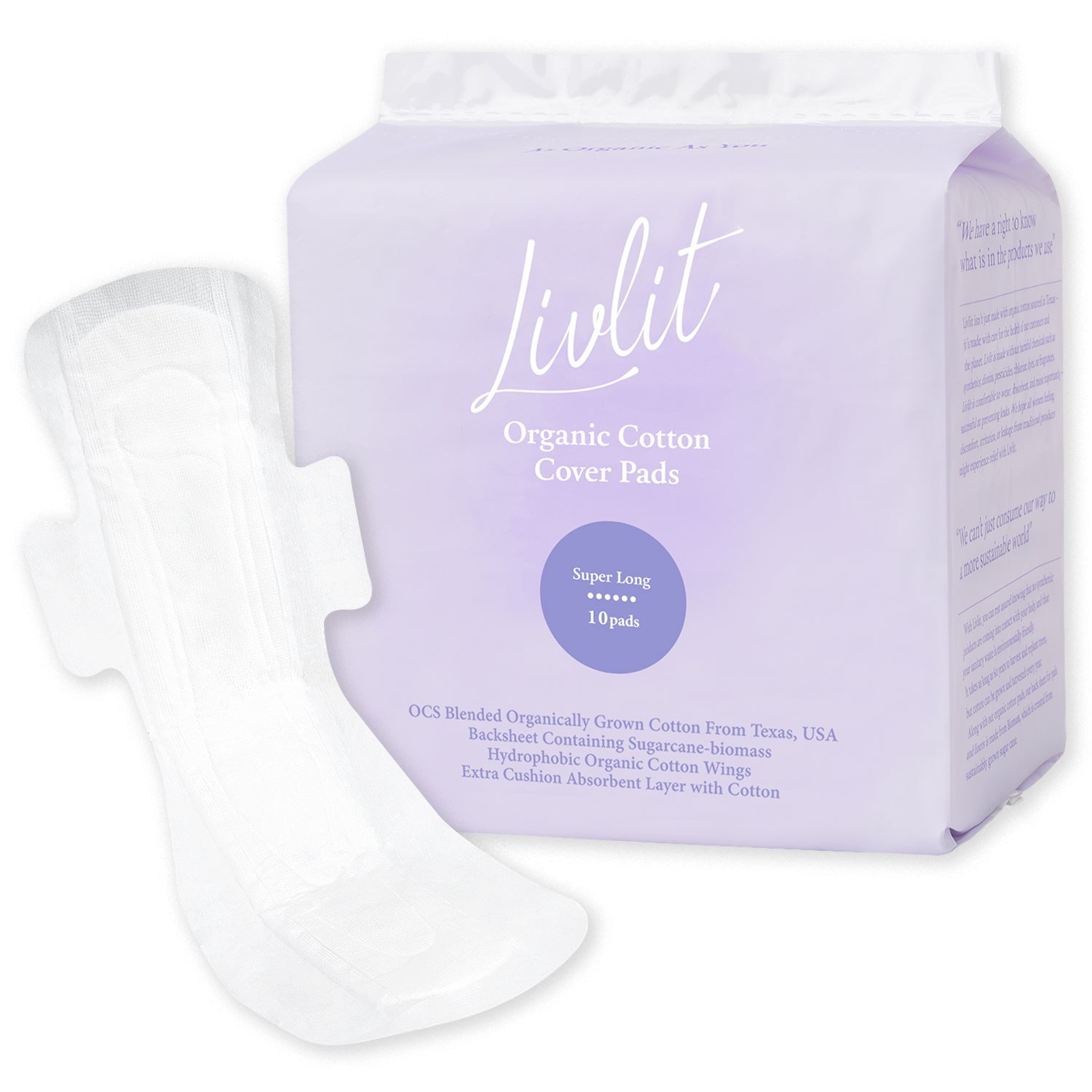 Livlit Super Long Size Pads, 100 Organic Cotton, Sensitive Skin Care