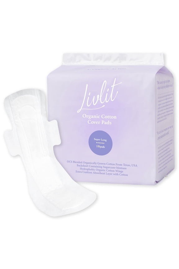 Super Long Size Pads, 100% Organic Cotton, Sensitive Skin Care (10 Count)
