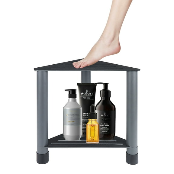 Livoccur Corner Shower Stool, Safe and Stable Shower Stool for Shaving Legs, Metal Shower Stool for Inside Shower, Shower Foot Stool with Storage Shelf, Non-Slip Matte Corner Shower Bench