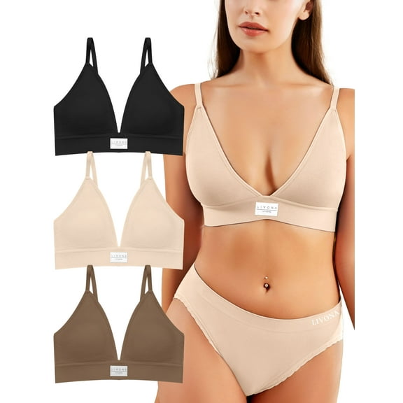 Livona 3 Pack Deep V Plunge Wireless Bralette w/Removable Pads, Adjustable Straps & Hook-Eye Closure