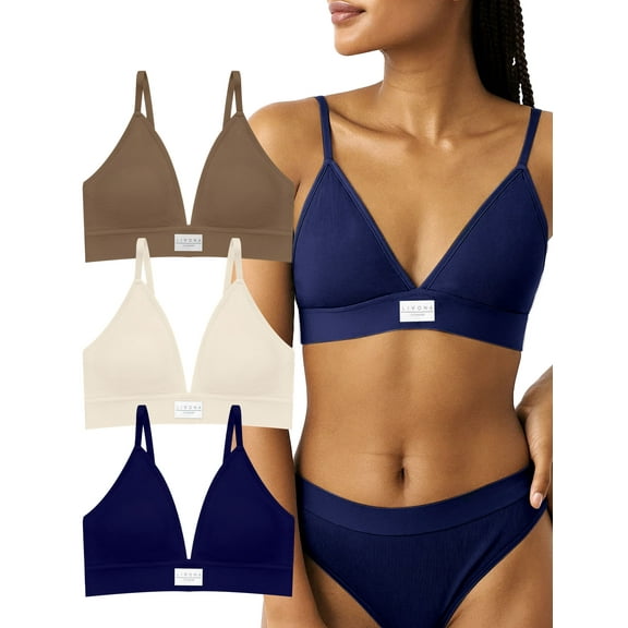 Livona 3 Pack Deep V Plunge Wireless Bralette w/Removable Pads, Adjustable Straps & Hook-Eye Closure