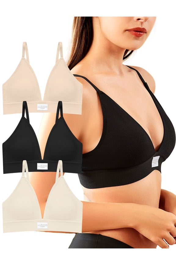 3 Pack Deep V Plunge Wireless Bralette w/Removable Pads, Adjustable Straps & Hook-Eye Closure