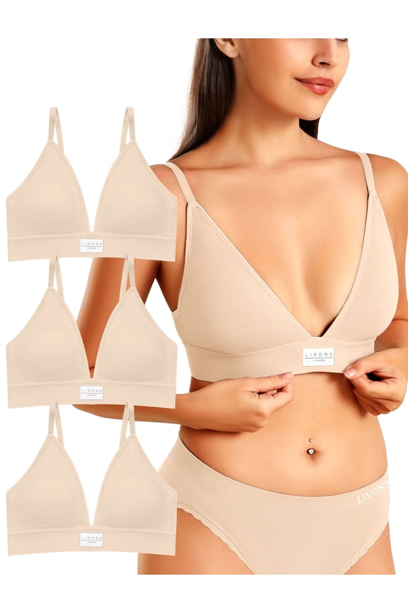 3 Pack Deep V Plunge Wireless Bralette w/Removable Pads, Adjustable Straps & Hook-Eye Closure