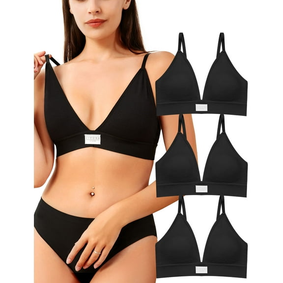 Livona 3 Pack Deep V Plunge Wireless Bralette w/Removable Pads, Adjustable Straps & Hook-Eye Closure