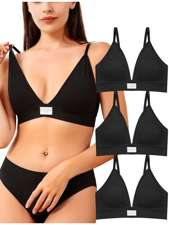 3 Pack Deep V Plunge Wireless Bralette w/Removable Pads, Adjustable Straps & Hook-Eye Closure