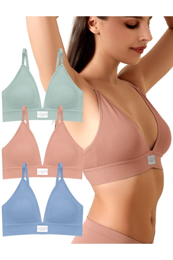 3 Pack Deep V Plunge Wireless Bralette w/Removable Pads, Adjustable Straps & Hook-Eye Closure