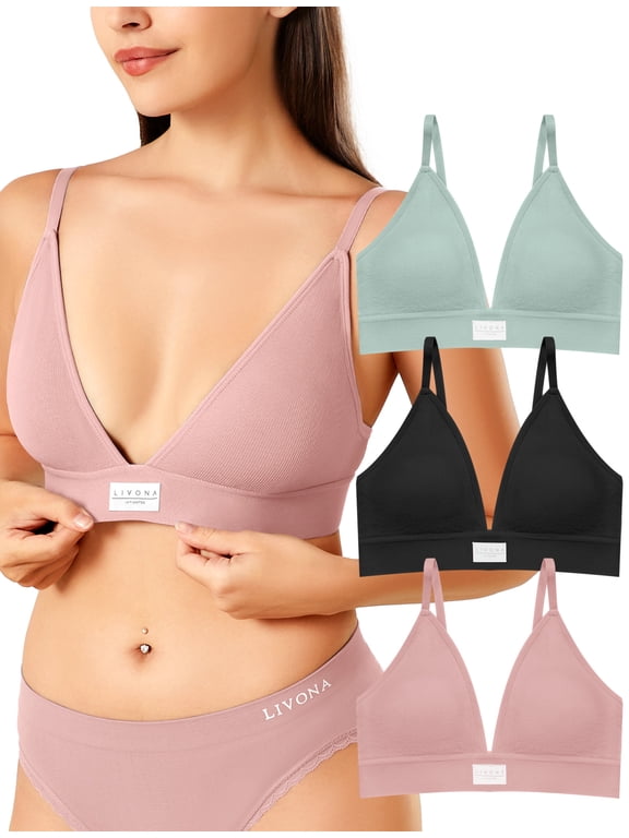 3 Pack Deep V Plunge Wireless Bralette w/Removable Pads, Adjustable Straps & Hook-Eye Closure