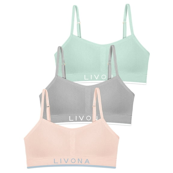 Livona 3 Pack Training Bras for Girls-Sports Bra for Teen Ribbed Wireless Bralette Fitness Padded Crop Cami Tank Top(6-14)