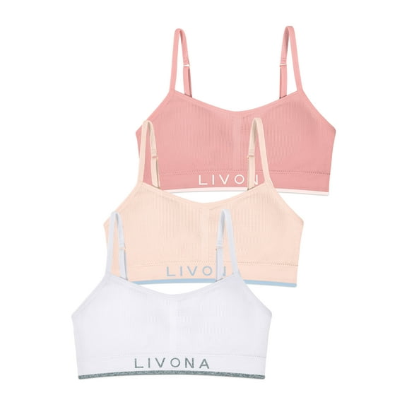 Livona 3 Pack Training Bras for Girls-Sports Bra for Teen Ribbed Wireless Bralette Fitness Padded Crop Cami Tank Top(6-14)