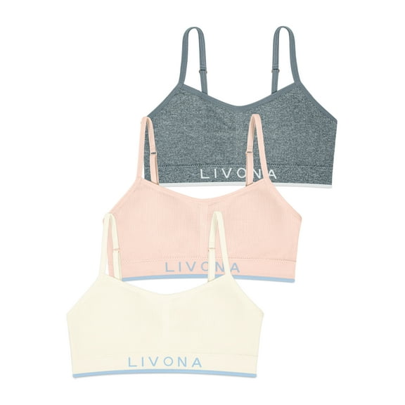 Livona 3 Pack Training Bras for Girls-Sports Bra for Teen Ribbed Wireless Bralette Fitness Padded Crop Cami Tank Top(6-14)