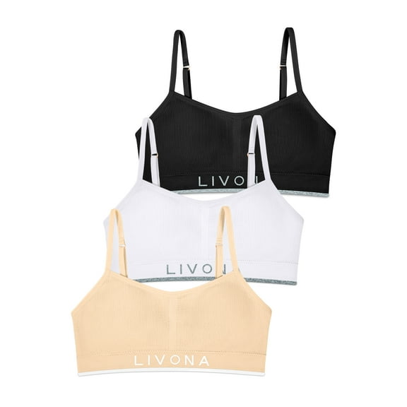 Livona 3 Pack Training Bras for Girls-Sports Bra for Teen Ribbed Wireless Bralette Fitness Padded Crop Cami Tank Top(6-14)
