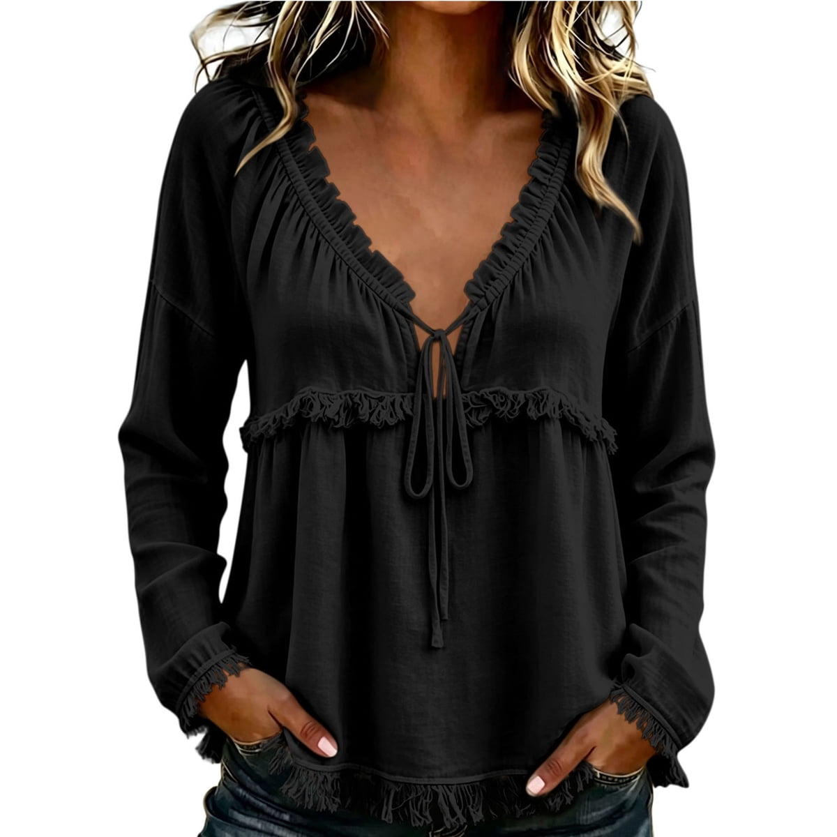 Blouses for Women Ruffle V-Neck Top Long Sleeve Tie Front Tunic Shirts Fringe Trim Dressy Casual Fall Tops, S-3XL