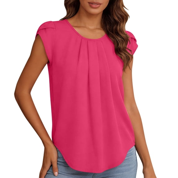 Livrdious Plus Size Womens Dressy Business Casual Tops Work Trendy Short Sleeve Chiffon Shirts Summer Cute Pleated Crewneck Blouses, S-5XL