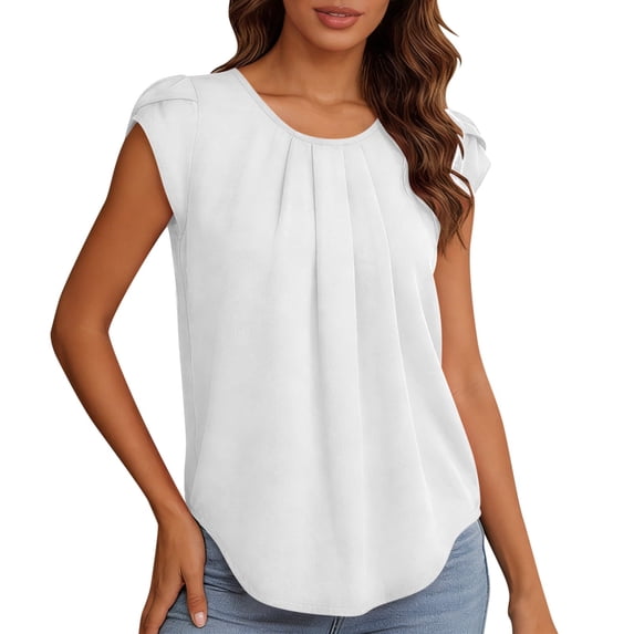 Livrdious Plus Size Womens Dressy Business Casual Tops Work Trendy Short Sleeve Chiffon Shirts Summer Cute Pleated Crewneck Blouses, S-5XL