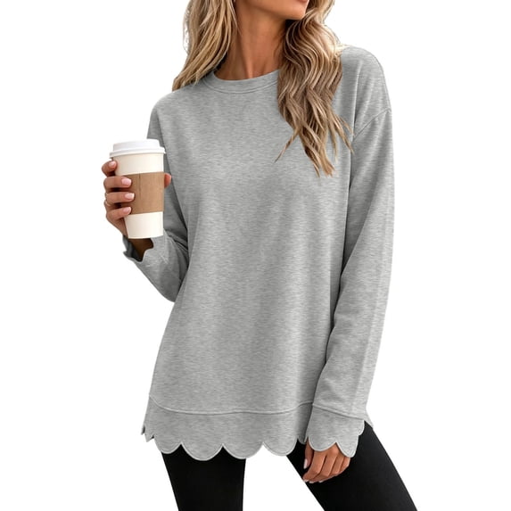 Livrdious Crewneck Sweatshirts for Women Scalloped Long Sleeve Pullover Tops Relaxed Fit Solid Casual Fall Outfits