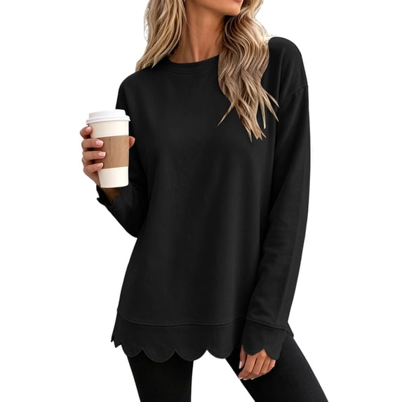Livrdious Crewneck Sweatshirts for Women Scalloped Long Sleeve Pullover Tops Relaxed Fit Solid Casual Fall Outfits
