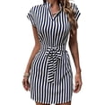 thumbnail image 1 of Livrdious Dresses for Women Casual V Neck Short Sleeve Sundresses Stripes Pattern Tie Front Tunic Mini Dress, S-2X, 1 of 5