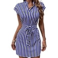 thumbnail image 1 of Livrdious Dresses for Women Casual V Neck Short Sleeve Sundresses Stripes Pattern Tie Front Tunic Mini Dress, S-2X, 1 of 5