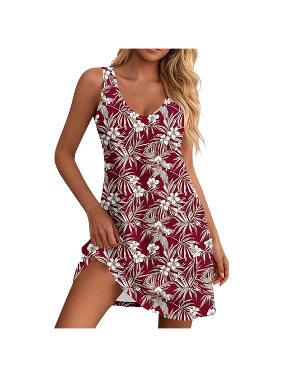 Floral Dresses for Women Summer Boho V Neck Sleeveless Tank Dress with Pockets, A-Line Loose Fit Swing Sundress Casual Beach Vacation
