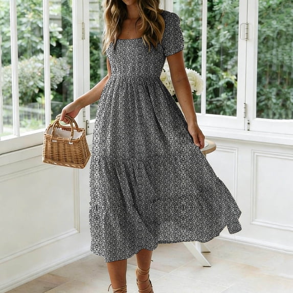 Livrdious Floral Dresses for Women Summer Casual Flowy A-Line Midi Dress, Lightweight Short Sleeve Square Neck Sundress for Beach Vacation, S-2X