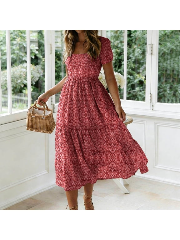 Floral Dresses for Women Summer Casual Flowy A-Line Midi Dress, Lightweight Short Sleeve Square Neck Sundress for Beach Vacation, S-2X