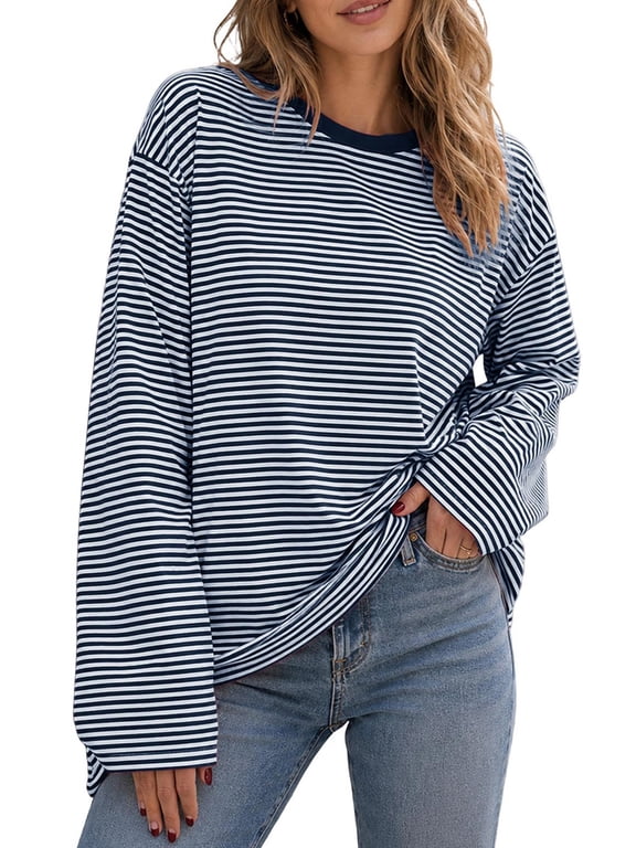 Long Sleeve Shirts for Women Oversize Stripe Tee Casual Crewneck Tunic Tops Pullover Blouses