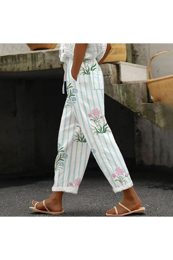 Plus Size Casual Printed Pants, Drawstring High Elastic Waisted Pants for Women with Pockets, Loose Fit Comfy Lounge Trousers, S-3X