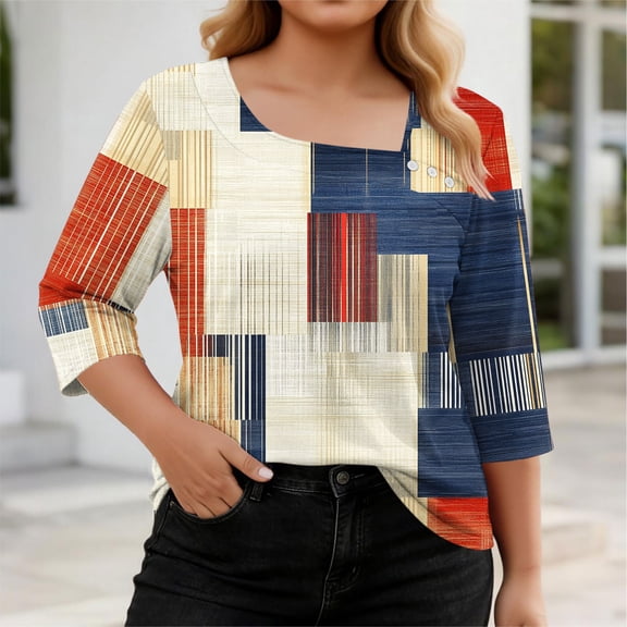 Livrdious Plus Size Blouses for Women 3/4 Sleeve with Button Detail Tunic Tops, Asymmetric Neckline Loose Dressy Casual Shirts, L-4X