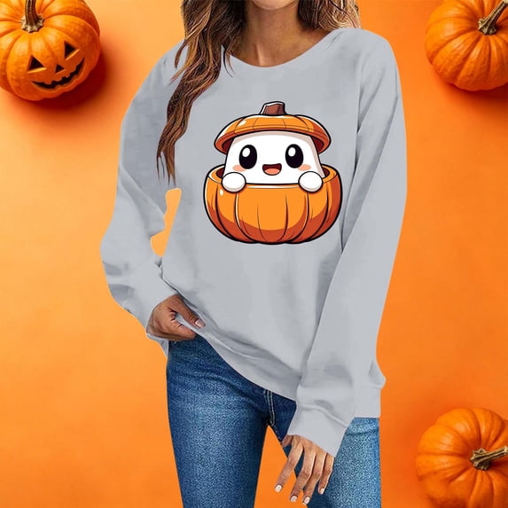 Livrdious Spooky Season Sweatshirts Womens Ghost Pumpkin Graphic Sweatshirt Crew Oversized Pullover Sweatshirt