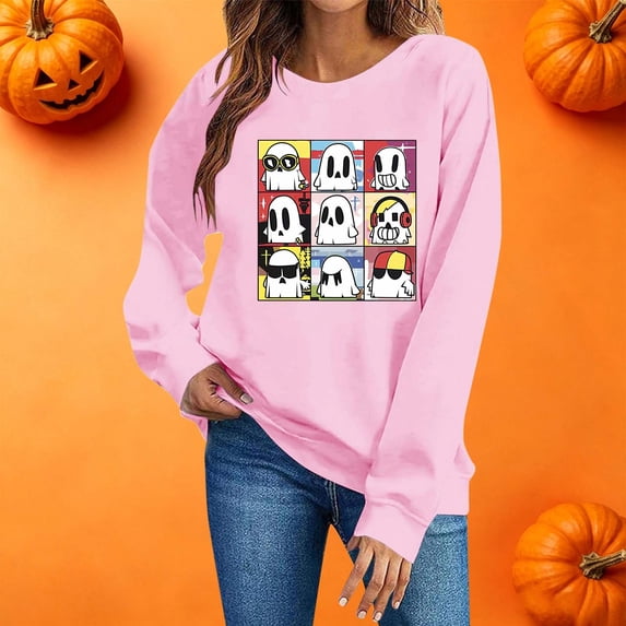 Livrdious Spooky Season Sweatshirts Womens Ghost Pumpkin Graphic Sweatshirt Crew Oversized Pullover Sweatshirt