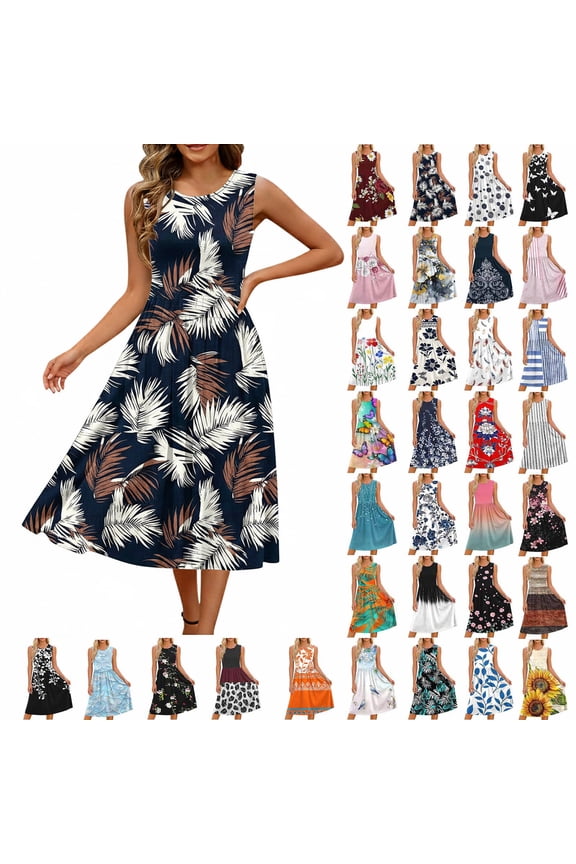 Floral Summer Dresses for Women Casual Sleeveless A-Line Pleated Midi Sun Dresses Casual Beach Flowy Tank Dresses with Pockets