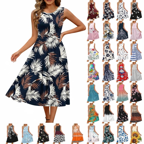 Livrdious Womens Dresses Summer Sleeveless Long Tank Midi Dress Boho Floral Casual Loose Beach Vacation Sundress with Pockets
