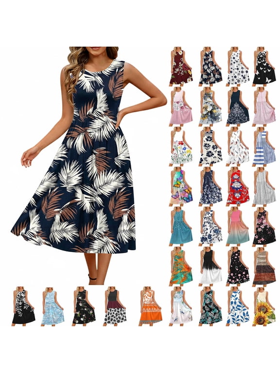 Floral Summer Dresses for Women Casual Sleeveless A-Line Pleated Midi Sun Dresses Casual Beach Flowy Tank Dresses with Pockets