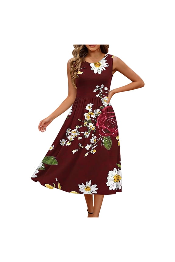 Floral Summer Dresses for Women Casual Sleeveless A-Line Pleated Midi Sun Dresses Casual Beach Flowy Tank Dresses with Pockets