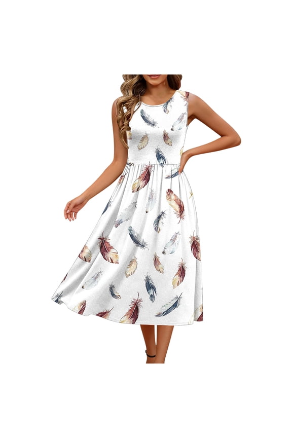 Floral Summer Dresses for Women Casual Sleeveless A-Line Pleated Midi Sun Dresses Casual Beach Flowy Tank Dresses with Pockets