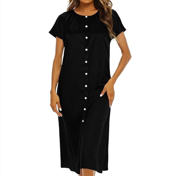 Livrdious Summer Dresses for Women Solid Button Down Short Sleeve T-shirt Midi Dress