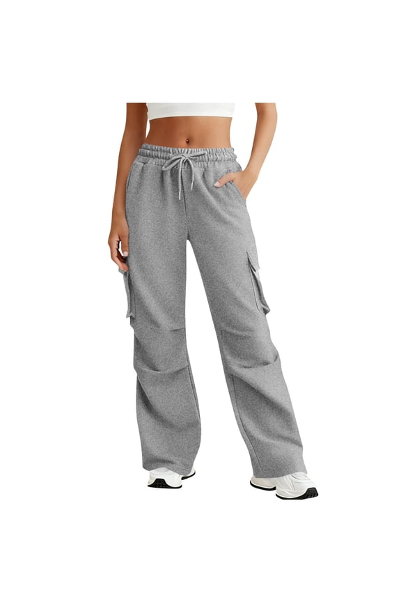 Wide Leg Cargo Sweatpants for Women Casual Drawstring High Waisted Baggy Sweat Pants with Pockets, 30'' Inseam