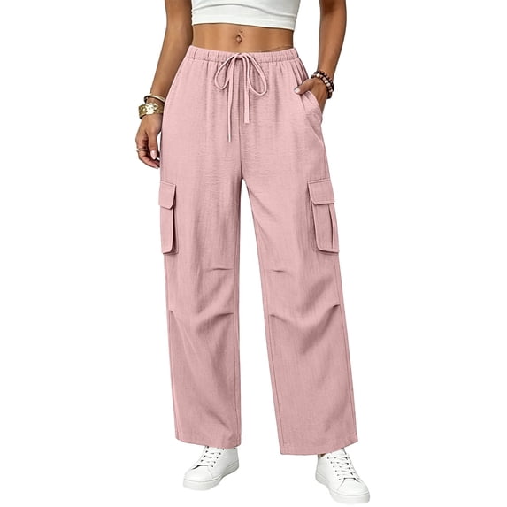 Livrdious Wide Leg Linen Cargo Pants for Women Drawstring High Waisted Baggy Palazzo Summer Beach Lounge Trousers with Pockets, 29'' Inseam