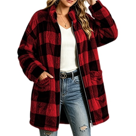 Livrdious Women Plaid Fleece Jackets Oversized Long Sleeve Outwear Jacket Zipper Warm Fall Winter Coats with Pockets