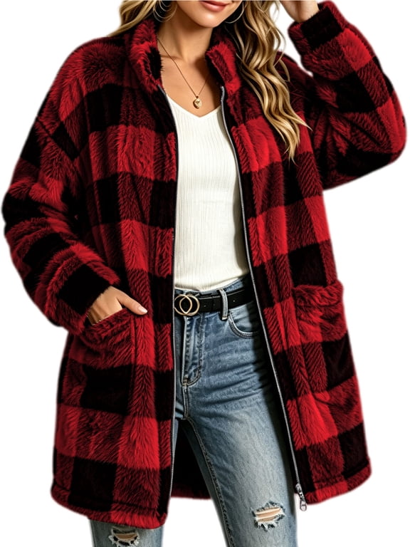 Women Plaid Fleece Jackets Oversized Long Sleeve Outwear Jacket Zipper Warm Fall Winter Coats with Pockets